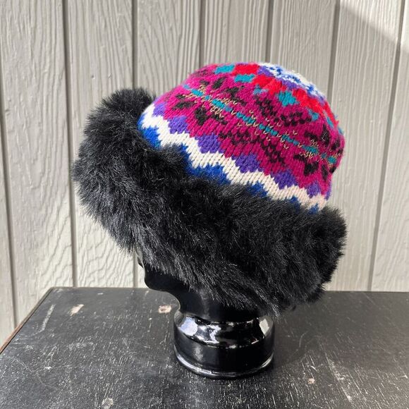 VTG 70s Fair-Isle Knit Faux-Fur Pillbox Hat Colorful Retro Apres Ski - Picture 9 of 9